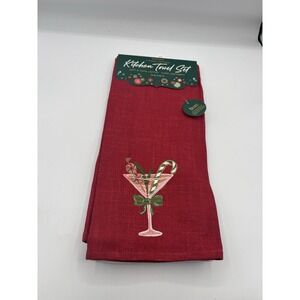 Christmas Kitchen Towel Set Of 3 Martini Cocktails NWT Cotton Red White Green